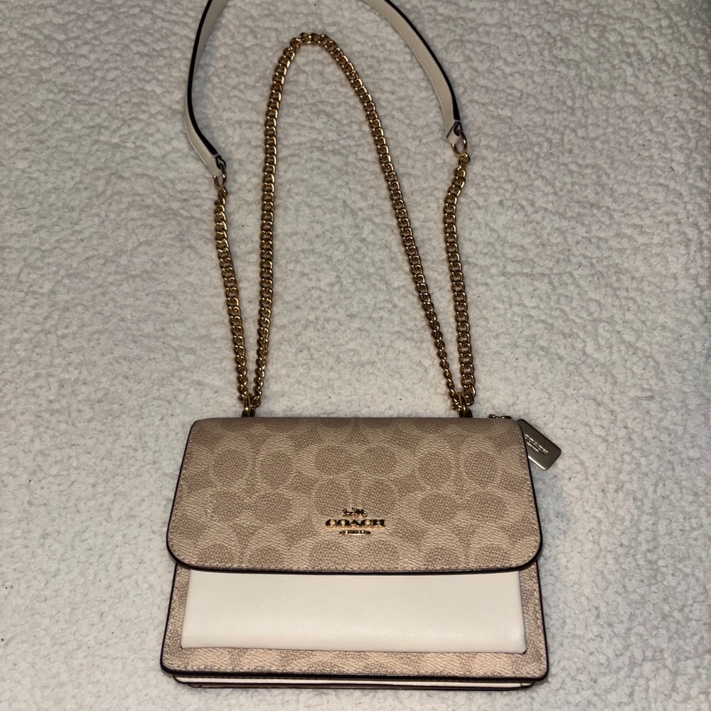 Coach Tan and White Crossbody Bag with Gold Chain